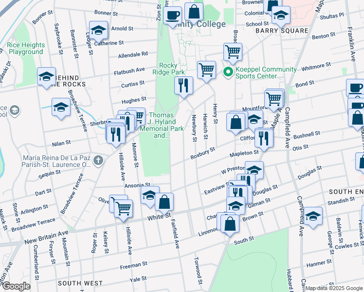 map of restaurants, bars, coffee shops, grocery stores, and more near 142 Grandview Terrace in Hartford