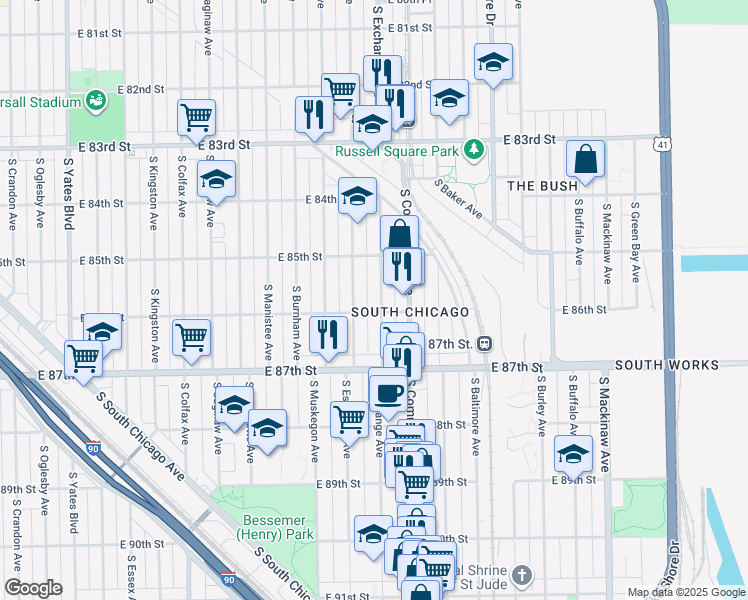 map of restaurants, bars, coffee shops, grocery stores, and more near 8601 South Escanaba Avenue in Chicago