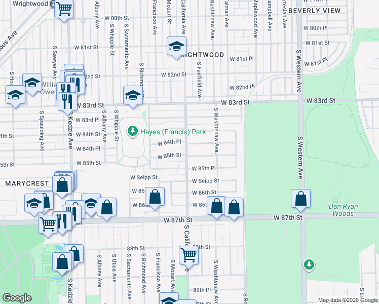 map of restaurants, bars, coffee shops, grocery stores, and more near 2743 West 85th Street in Chicago