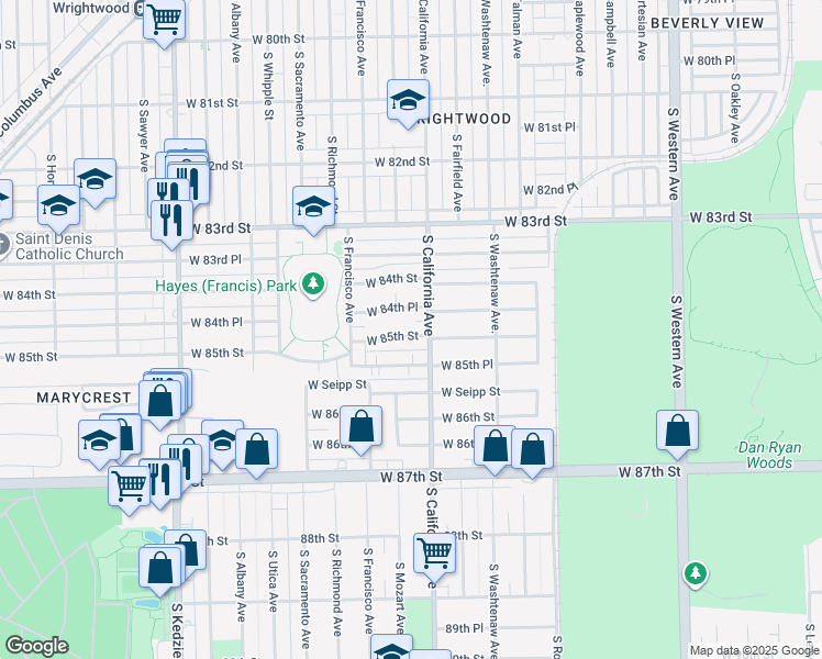 map of restaurants, bars, coffee shops, grocery stores, and more near 2817 West 85th Street in Chicago