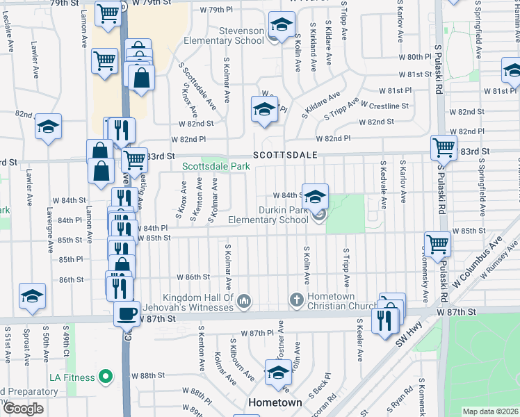 map of restaurants, bars, coffee shops, grocery stores, and more near 8443 South Kilbourn Avenue in Chicago