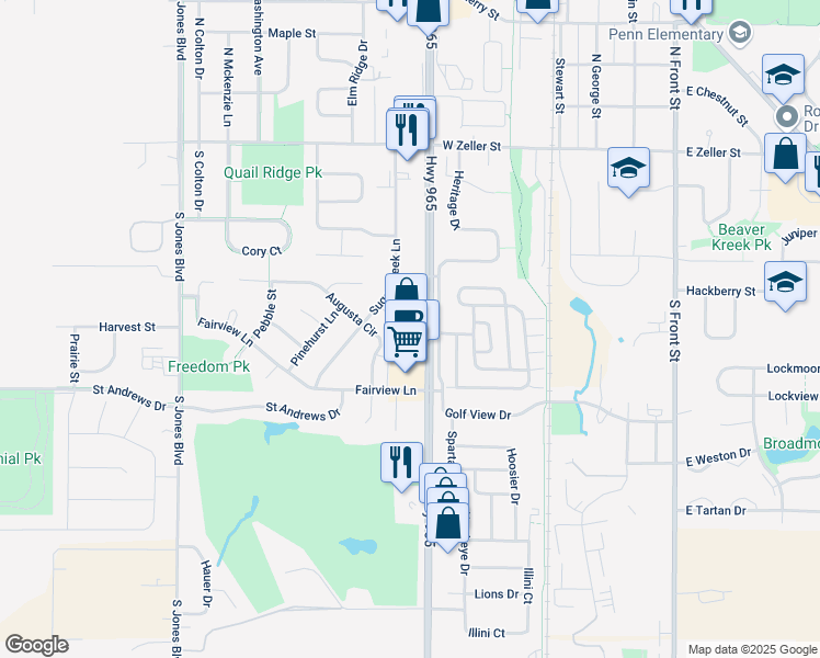 map of restaurants, bars, coffee shops, grocery stores, and more near in North Liberty