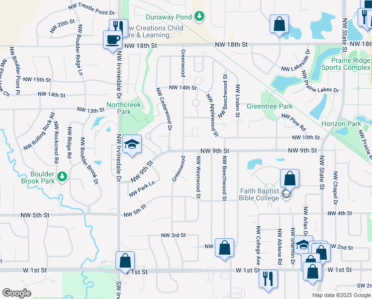 map of restaurants, bars, coffee shops, grocery stores, and more near 823 Northwest Greenwood Street in Ankeny