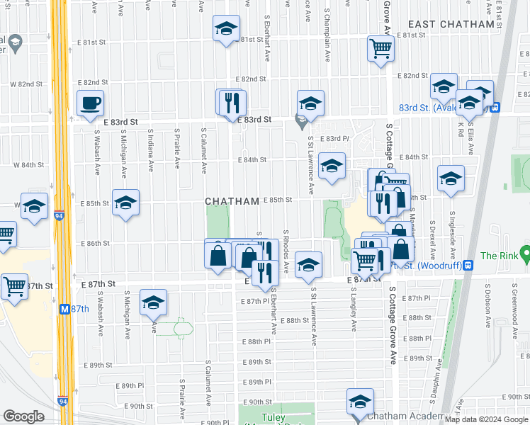 map of restaurants, bars, coffee shops, grocery stores, and more near 8517 South Vernon Avenue in Chicago