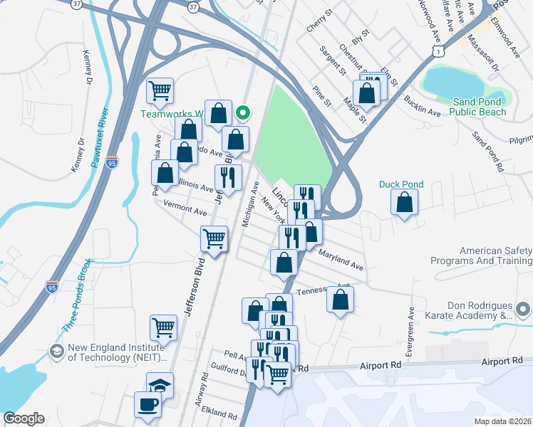 map of restaurants, bars, coffee shops, grocery stores, and more near 35 Montana Avenue in Warwick