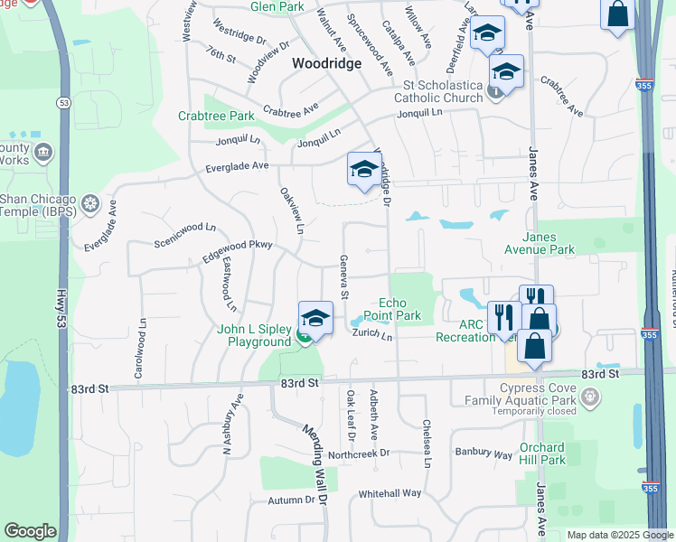 map of restaurants, bars, coffee shops, grocery stores, and more near 8056 Geneva Street in Woodridge