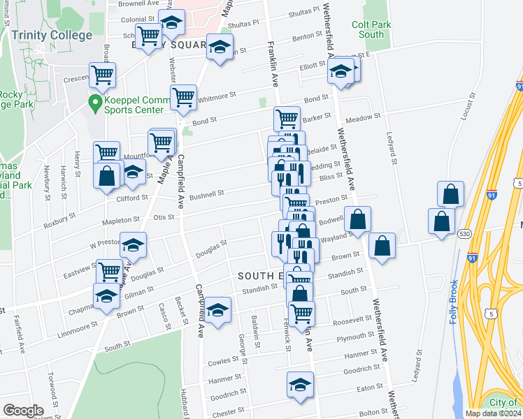 map of restaurants, bars, coffee shops, grocery stores, and more near 122 Preston Street in Hartford