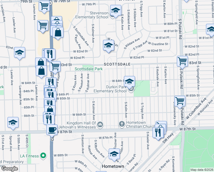 map of restaurants, bars, coffee shops, grocery stores, and more near 8443 South Kilbourn Avenue in Chicago