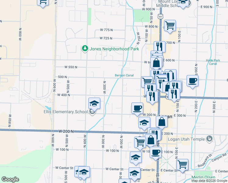 map of restaurants, bars, coffee shops, grocery stores, and more near 264 West 400 North in Logan