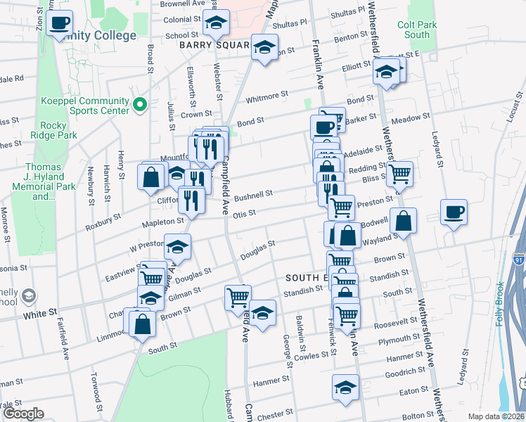 map of restaurants, bars, coffee shops, grocery stores, and more near 125 Otis Street in Hartford
