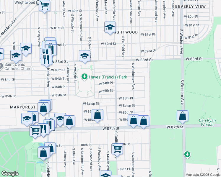 map of restaurants, bars, coffee shops, grocery stores, and more near 2817 West 85th Street in Chicago