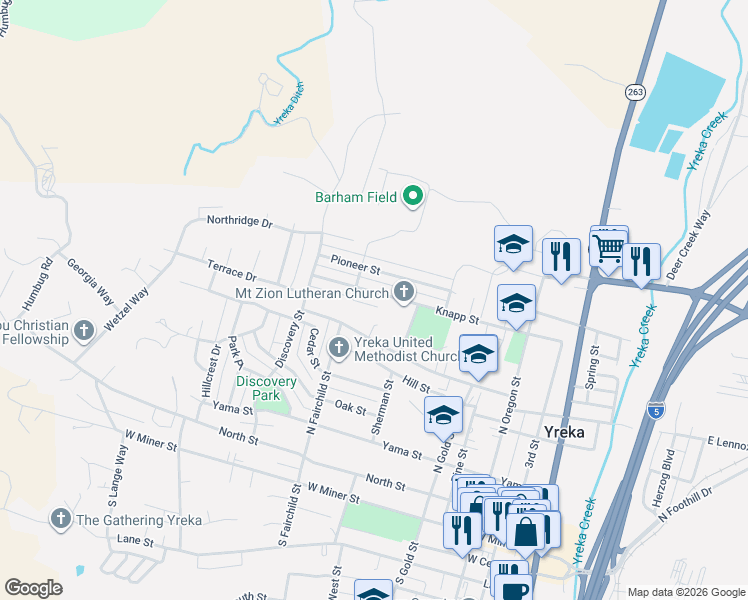 map of restaurants, bars, coffee shops, grocery stores, and more near 732 West Lennox Street in Yreka