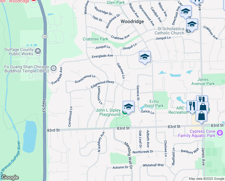 map of restaurants, bars, coffee shops, grocery stores, and more near 8100 Leawood Lane in Woodridge