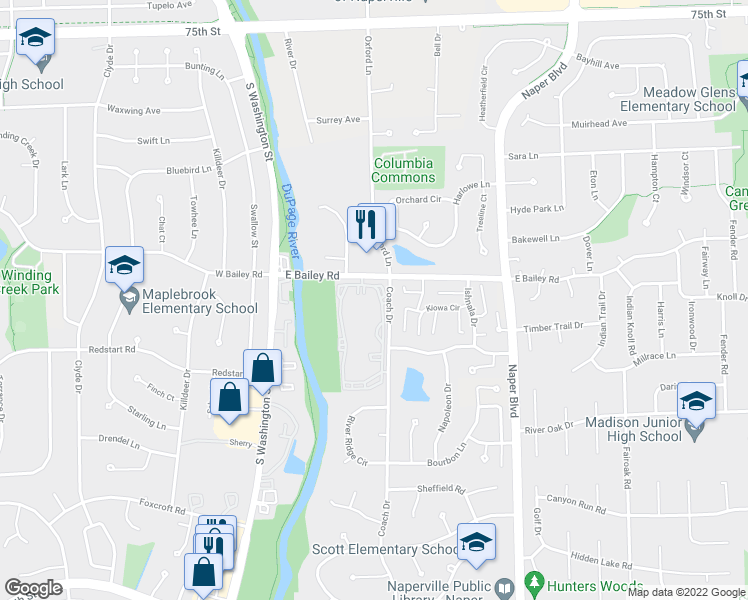 map of restaurants, bars, coffee shops, grocery stores, and more near 228 East Bailey Road in Naperville