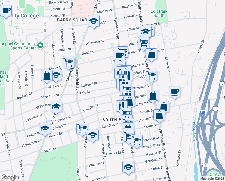 map of restaurants, bars, coffee shops, grocery stores, and more near 65 Winship Street in Hartford