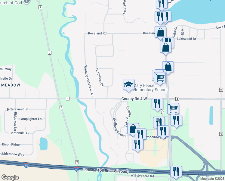 map of restaurants, bars, coffee shops, grocery stores, and more near 26779 County Road 4 in Elkhart