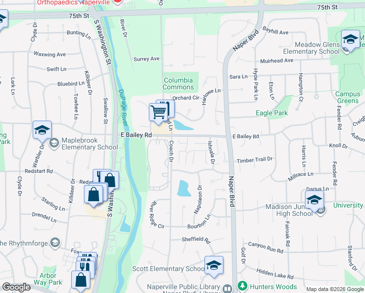 map of restaurants, bars, coffee shops, grocery stores, and more near 413 Kiowa Circle in Naperville