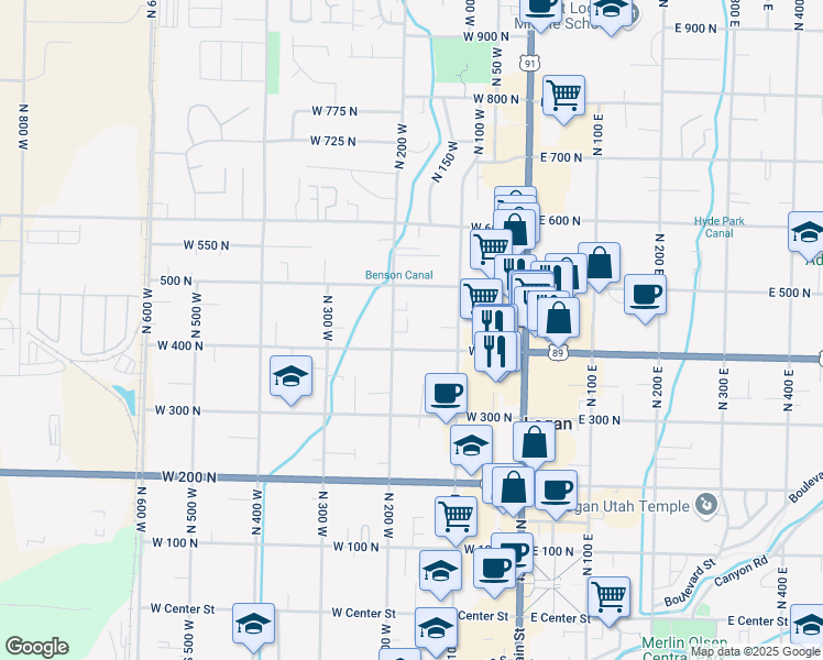 map of restaurants, bars, coffee shops, grocery stores, and more near 142 West 400 North in Logan