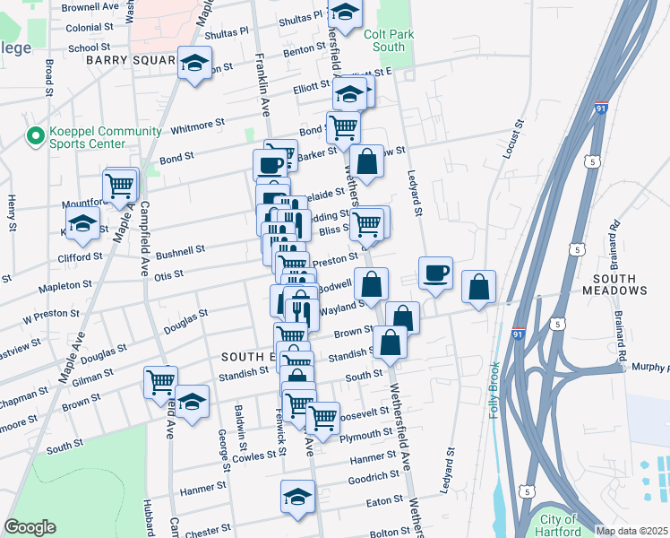 map of restaurants, bars, coffee shops, grocery stores, and more near 35 Bodwell Street in Hartford