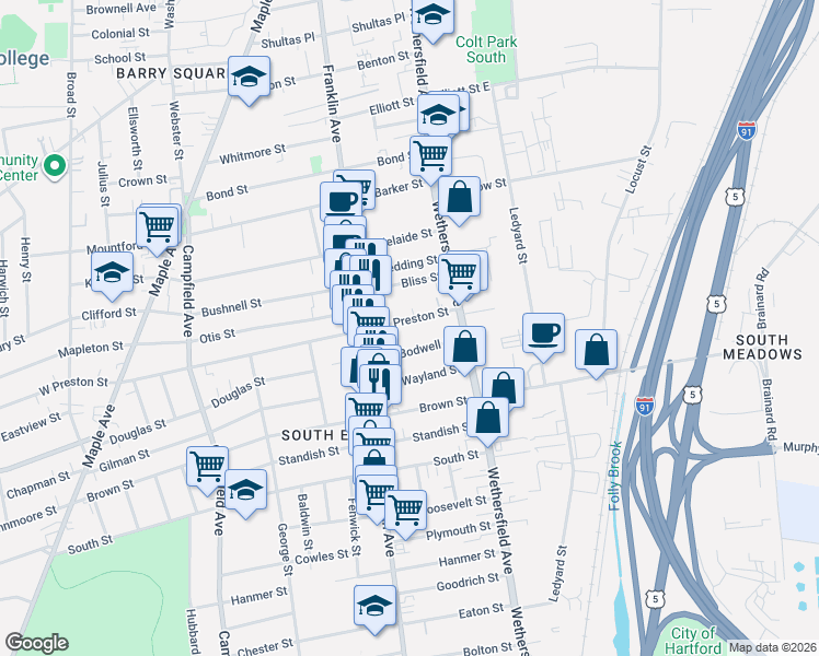 map of restaurants, bars, coffee shops, grocery stores, and more near 35 Bodwell Street in Hartford
