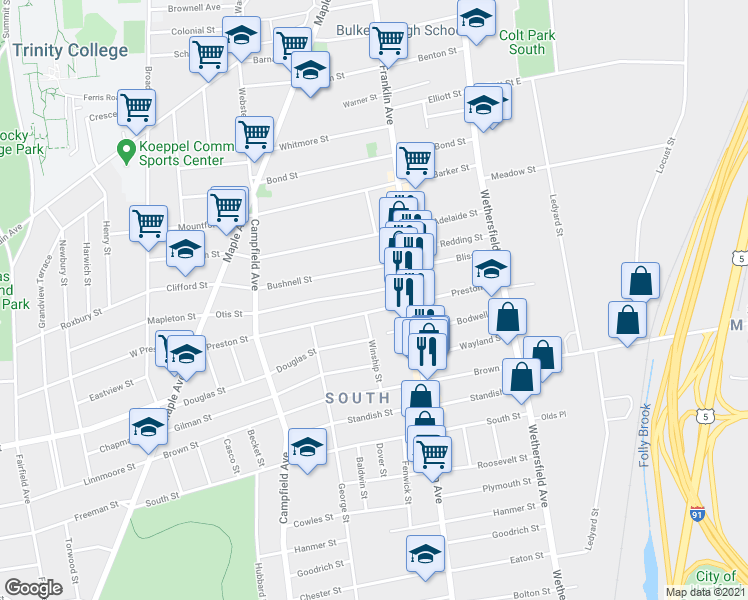 map of restaurants, bars, coffee shops, grocery stores, and more near 65 Winship Street in Hartford