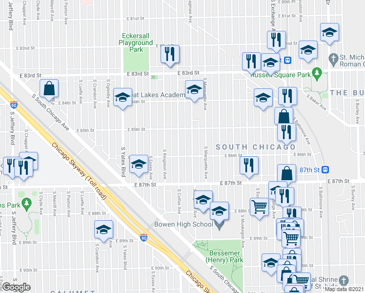 map of restaurants, bars, coffee shops, grocery stores, and more near 8601 South Colfax Avenue in Chicago