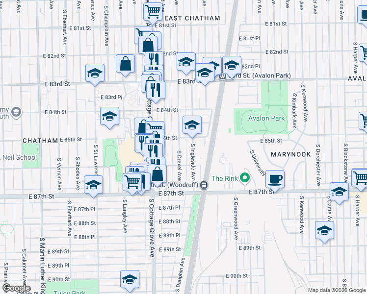 map of restaurants, bars, coffee shops, grocery stores, and more near 8546 South Ingleside Avenue in Chicago