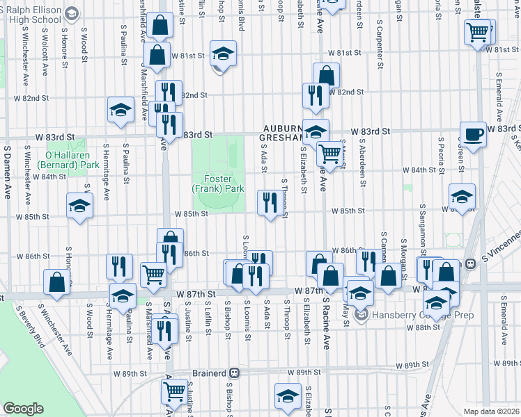 map of restaurants, bars, coffee shops, grocery stores, and more near 8516 South Ada Street in Chicago