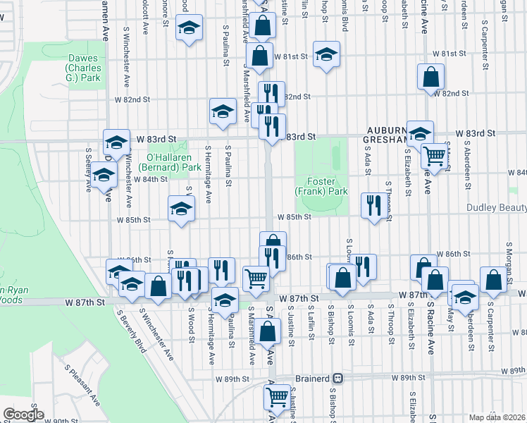 map of restaurants, bars, coffee shops, grocery stores, and more near 8515 South Ashland Avenue in Chicago