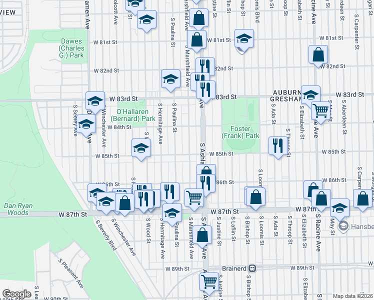 map of restaurants, bars, coffee shops, grocery stores, and more near 8514 South Marshfield Avenue in Chicago