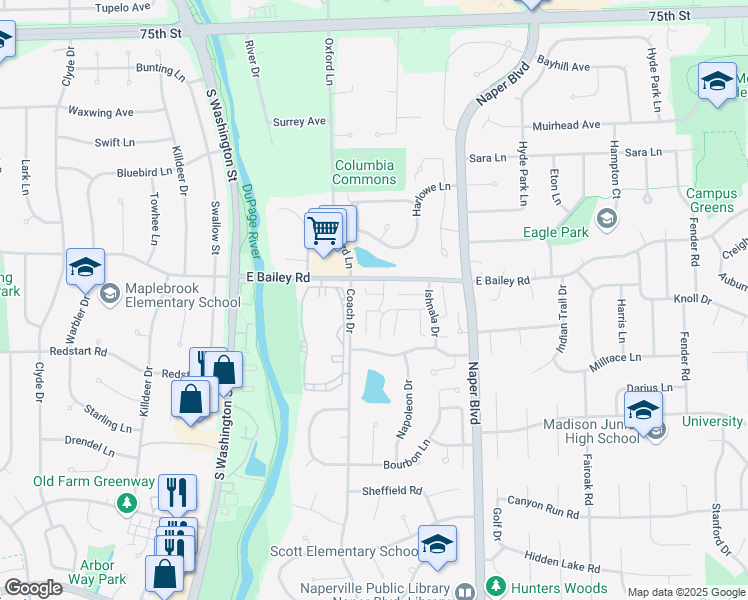 map of restaurants, bars, coffee shops, grocery stores, and more near 1671 Kiowa Circle in Naperville