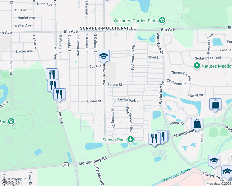 map of restaurants, bars, coffee shops, grocery stores, and more near 1615 Linden Park Lane in Aurora