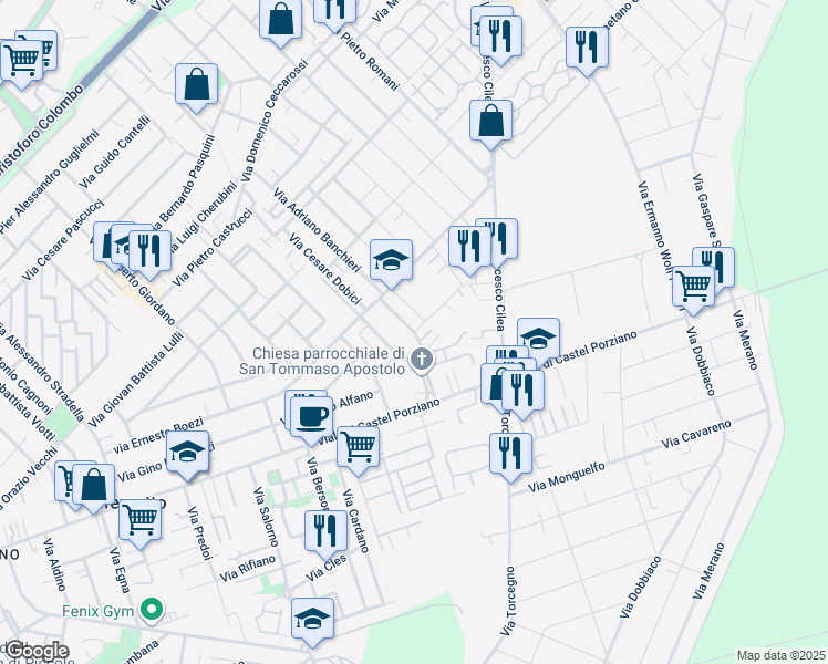 map of restaurants, bars, coffee shops, grocery stores, and more near 70 Via Lino Liviabella in Città Metropolitana di Roma