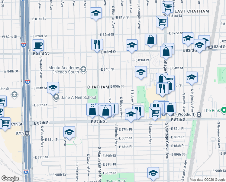 map of restaurants, bars, coffee shops, grocery stores, and more near 8540 South Rhodes Avenue in Chicago