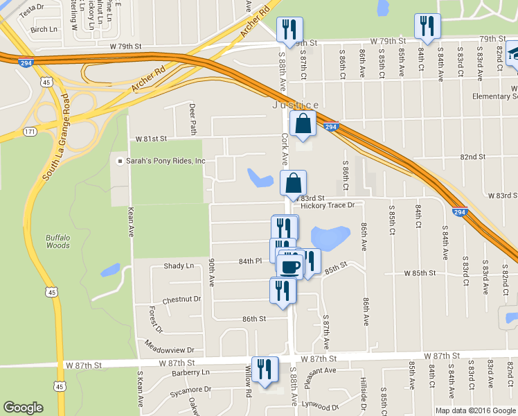 map of restaurants, bars, coffee shops, grocery stores, and more near 8827 83rd Place in Justice