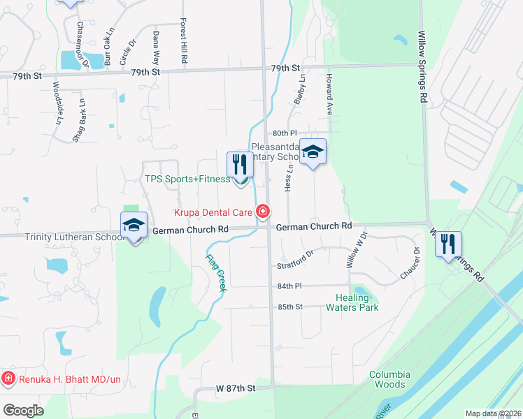 map of restaurants, bars, coffee shops, grocery stores, and more near 11120 German Church Road in La Grange