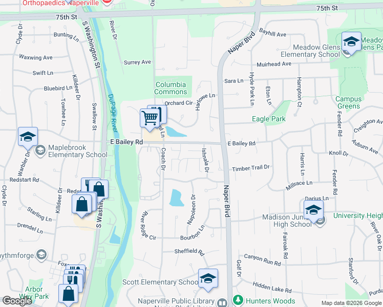 map of restaurants, bars, coffee shops, grocery stores, and more near 530 Kiowa Circle in Naperville
