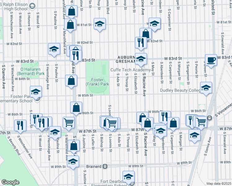 map of restaurants, bars, coffee shops, grocery stores, and more near 8516 South Ada Street in Chicago