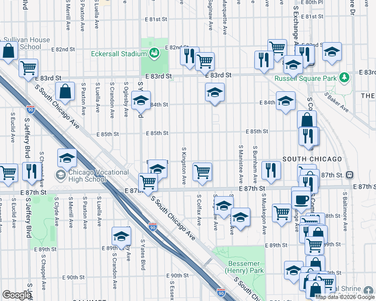 map of restaurants, bars, coffee shops, grocery stores, and more near 8600 South Kingston Avenue in Chicago