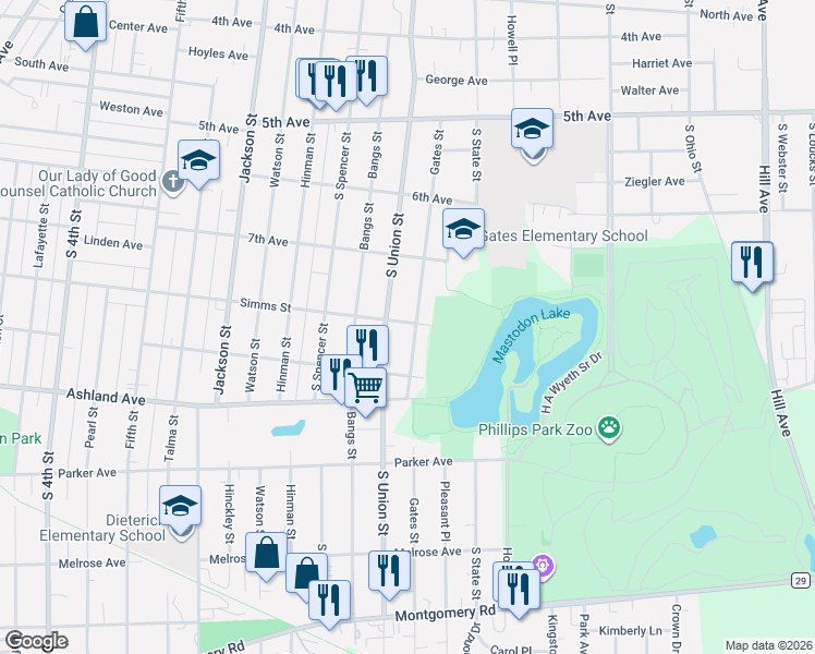 map of restaurants, bars, coffee shops, grocery stores, and more near 801 Gates Street in Aurora