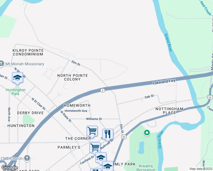 map of restaurants, bars, coffee shops, grocery stores, and more near 865 Elm Street in Painesville
