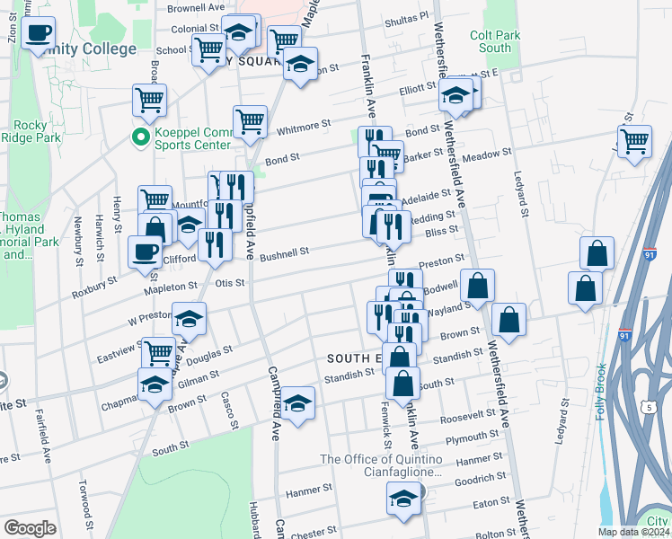 map of restaurants, bars, coffee shops, grocery stores, and more near 71 Otis Street in Hartford