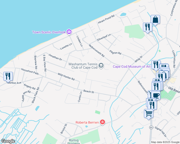 map of restaurants, bars, coffee shops, grocery stores, and more near 32 Johnson Lane in Dennis