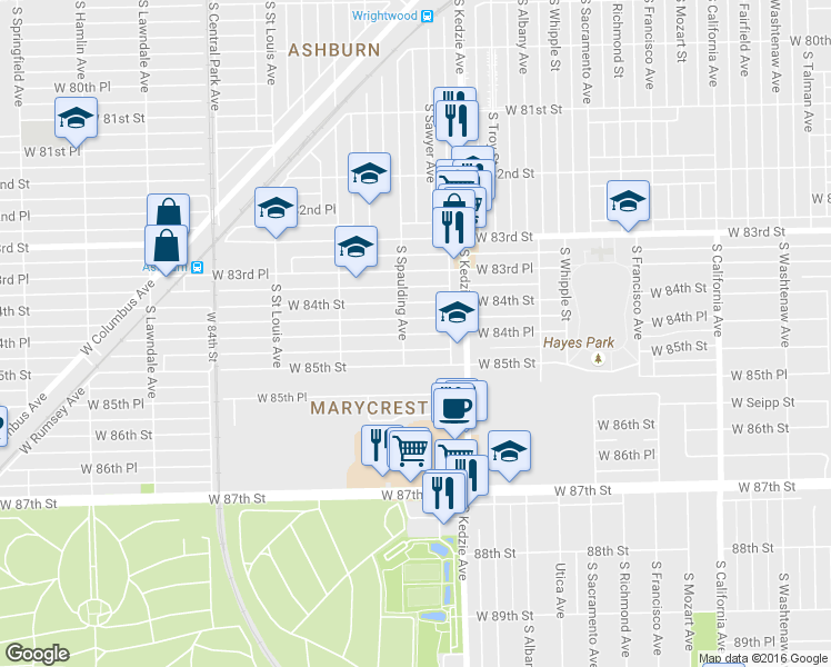 map of restaurants, bars, coffee shops, grocery stores, and more near 3250 W 84th Pl in Chicago