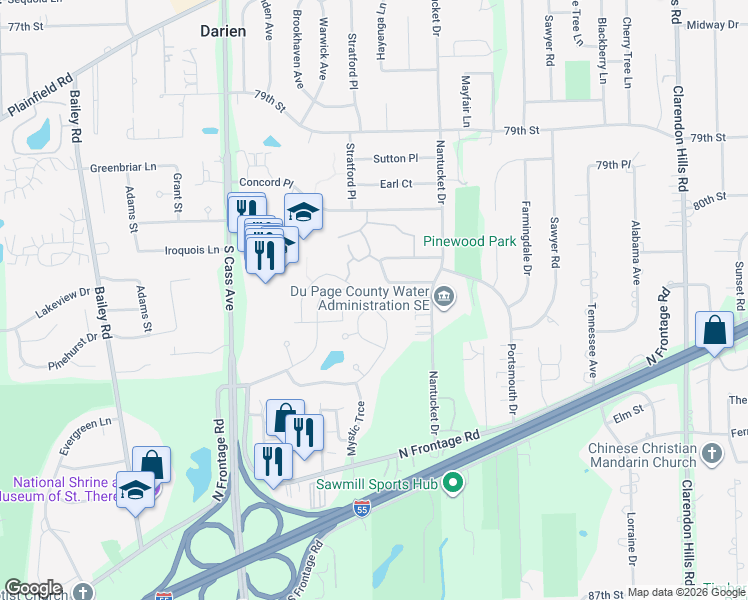 map of restaurants, bars, coffee shops, grocery stores, and more near 9S218 Kings Court in Darien