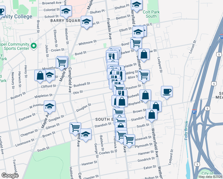map of restaurants, bars, coffee shops, grocery stores, and more near 100 Preston Street in Hartford