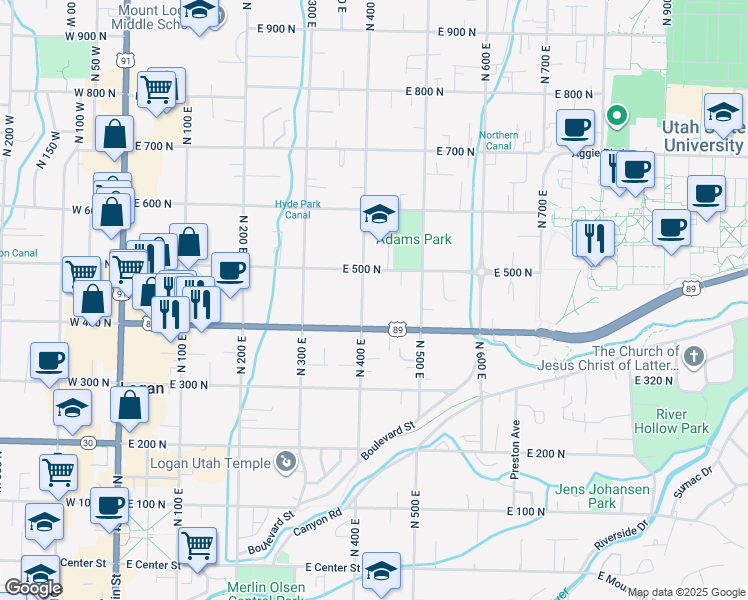 map of restaurants, bars, coffee shops, grocery stores, and more near 430 East 500 North in Logan