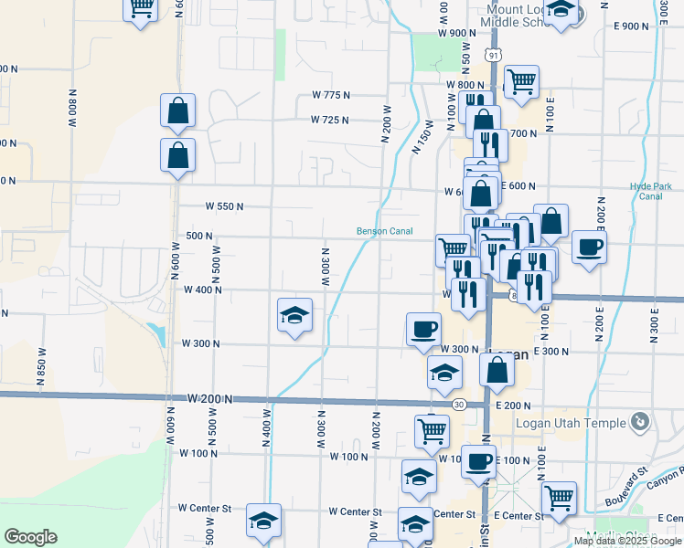 map of restaurants, bars, coffee shops, grocery stores, and more near 450 North 300 West in Logan