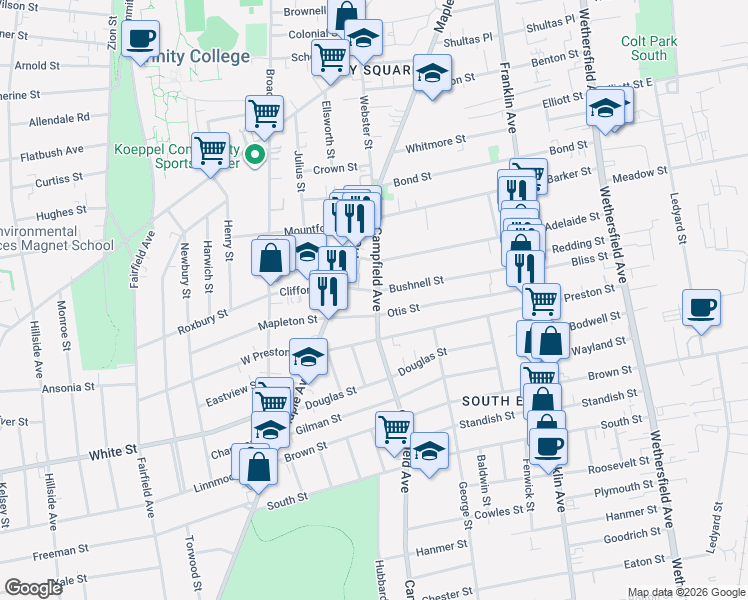 map of restaurants, bars, coffee shops, grocery stores, and more near 80 Campfield Avenue in Hartford