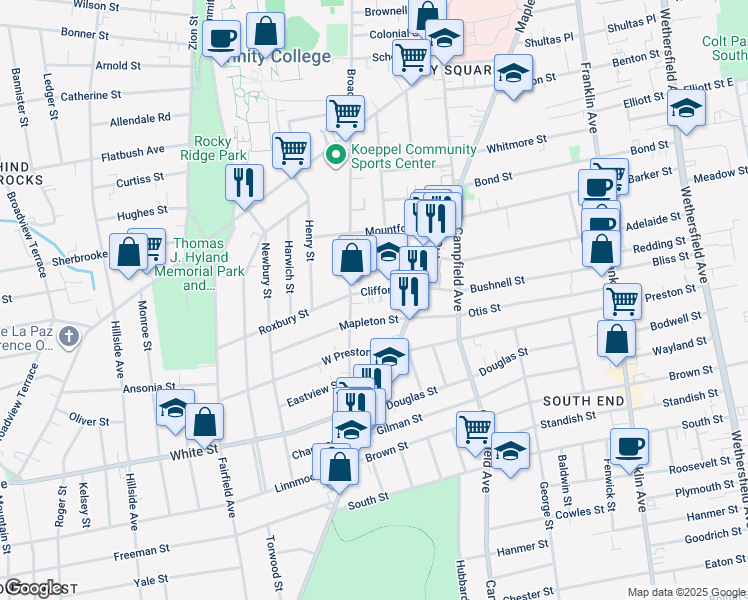 map of restaurants, bars, coffee shops, grocery stores, and more near 20 Clifford Street in Hartford
